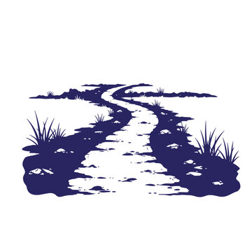 Dark blue silhouette of a winding dirt path through a grassy field with scattered stones and clumps of wild vegetation on a white background