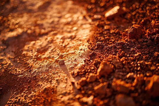Extreme macro of red laterite soil with granular mineral texture and warm evening light
