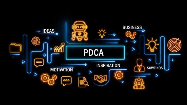 PDCA concept with interconnected digital icons and glowing neon lines on dark background. animation video
