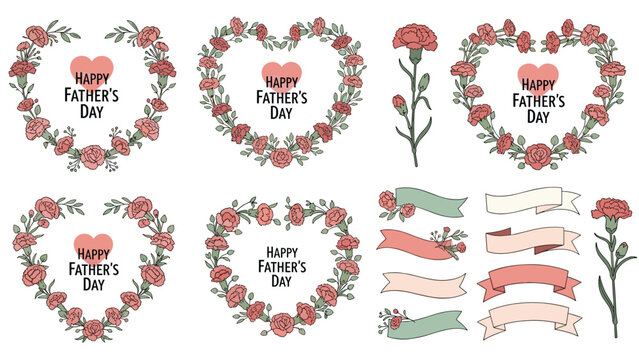 Collection of Happy Father's Day logos and design elements featuring heart shapes, pink carnations, and decorative ribbons.