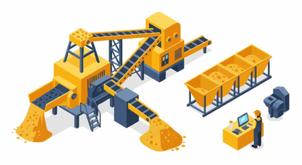 Obraz premium Industrial aggregate processing plant with conveyor belts and hoppers.