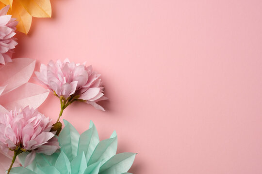 Floral Border with Pink Peonies and Mint Paper Flowers on Pink Background