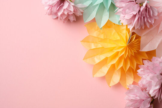Creative Mother's Day Composition with Yellow Paper Flower and Pink Peonies