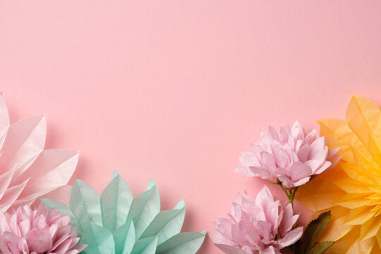 Festive Floral Bottom Border with Peonies and Paper Decorations on Pink