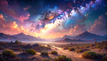 Cosmic landscape with starry sky and mountains