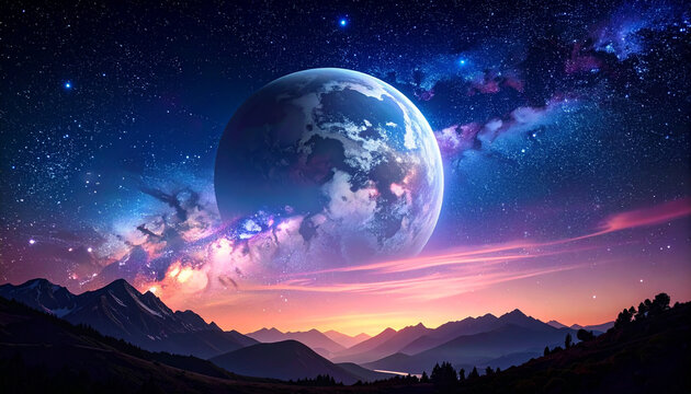 Cosmic planet and starry sky