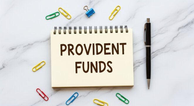 Provident funds text on spiral notepad, financial retirement planning concept on marble background, investment and savings strategy workspace