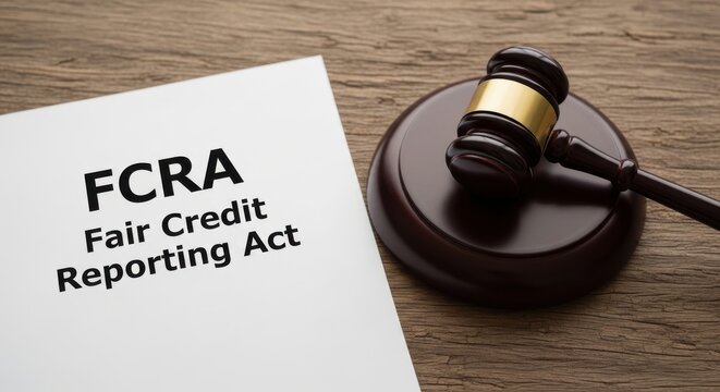FCRA Fair Credit Reporting Act document on wooden desk, judge gavel for legal compliance, consumer rights and financial law concept