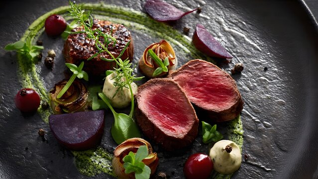 A gourmet dish featuring perfectly cooked medium-rare beef tenderloin slices, artfully arranged with purple potatoes, herbs, and a vibrant green sauce on a dark plate.