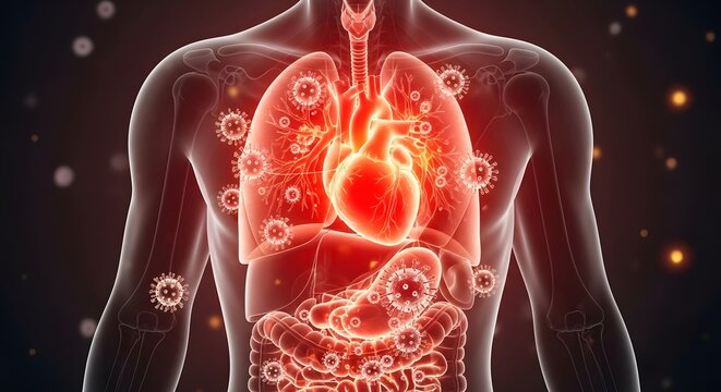 Viral infection and internal organ inflammation. Respiratory disease and immune system response. 3D anatomical view of human lungs and heart surrounded by floating virus particles