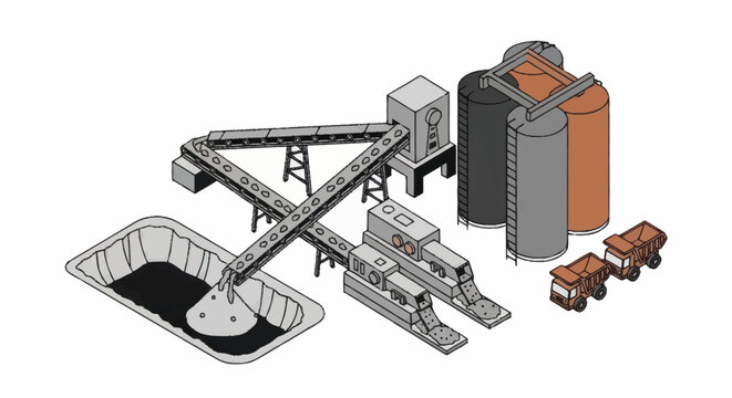 Industrial Material Processing and Storage Facility Illustration.