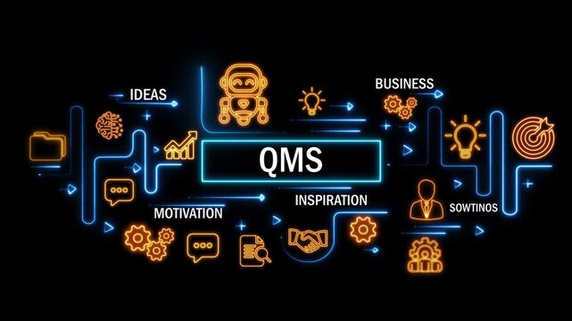 QMS concept with interconnected digital icons and glowing neon lines on dark background. animation video