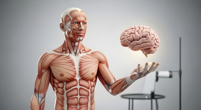 Human muscular system and brain cognitive function. Neuroscience and anatomical medical study. 3D model of a muscular human figure holding a realistic brain in its open hand