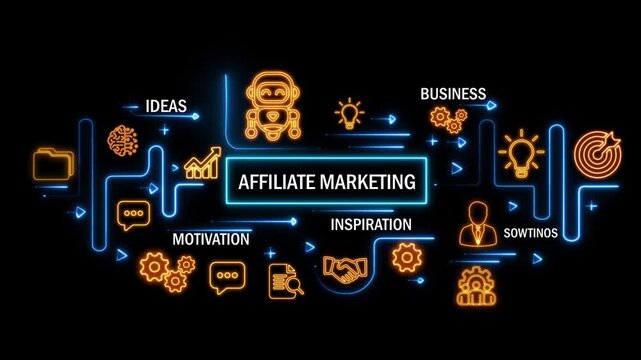 affiliate marketing concept with interconnected digital icons and glowing neon lines on dark background. animation video