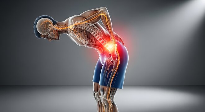 Chronic back pain and spinal nerve inflammation. Sciatica and lumbar disc injury. Medical illustration of a man bending over with severe lower back pain and radiating nerve pressure