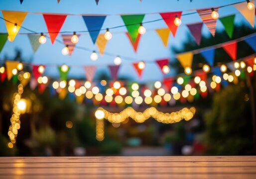 Colorful festival decorations with string lights and bunting flags