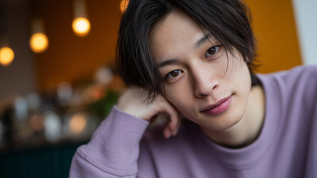 電球の光がボケるカフェで微笑む紫色の服の若い男性 ｜ ナチュラル