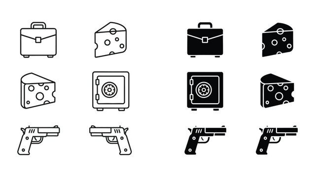 Whimsical icons combining briefcases, cheese, safes, and handguns in a playful mashup