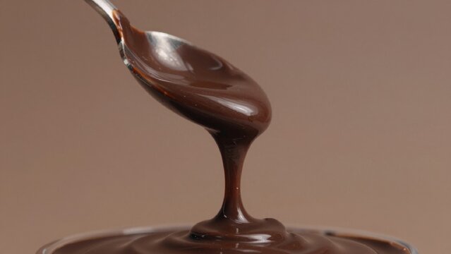 Close-up spoonful melted chocolate dipped small glass bowl spoon made stainless steel has shiny reflective sur