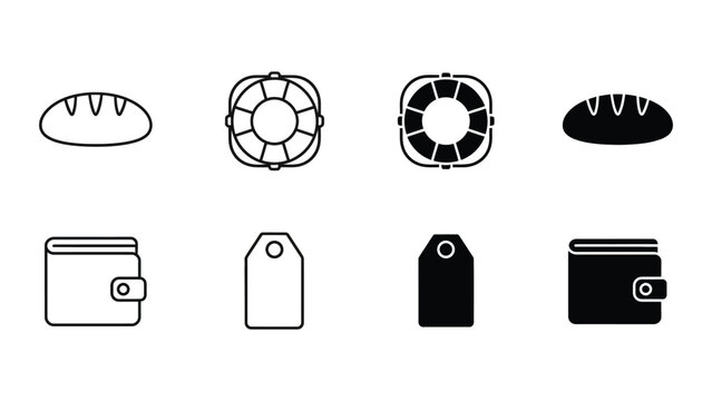 Variations of wallet icons and bread loaf symbols in black and white designs