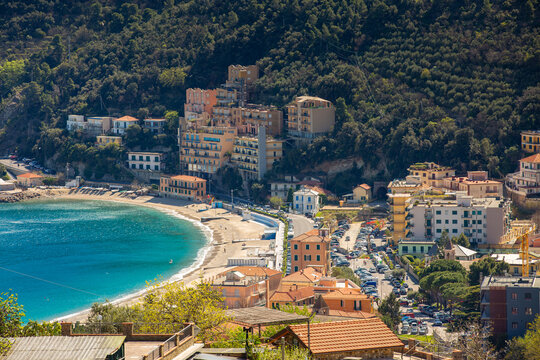  Aerial panoramic view of Noli, Liguria, province of Savona, Italy. Riviera dei Fiori. Fishermen's Beach. Maritime Republic