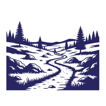 Dark blue silhouette of a winding dirt path leading through a rocky mountain valley with evergreen pine trees and grassy hillsides on a white background