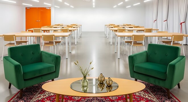 This contemporary and spacious multi-purpose room, perfectly arranged with rows of light wood tables and chairs, serves as an ideal setting for productive corporate training sessions or educational wo