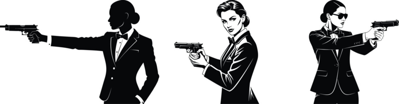 Matrix inspired silhouette three agents in iconic poses with firearms