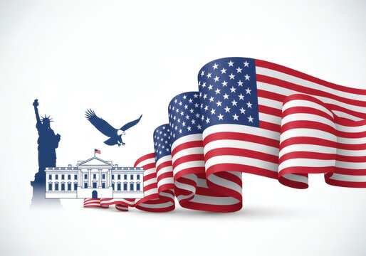 Artwork shows American symbols like the flag, the White House, the eagle, and the Statue of Liberty in a simple design