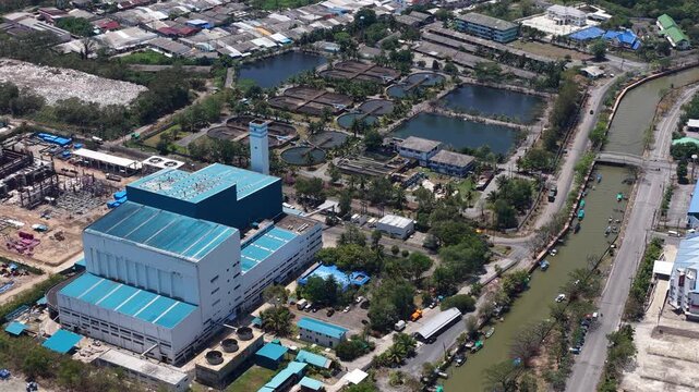 Aerial view of wastewater treatment plant and incinerator facility
