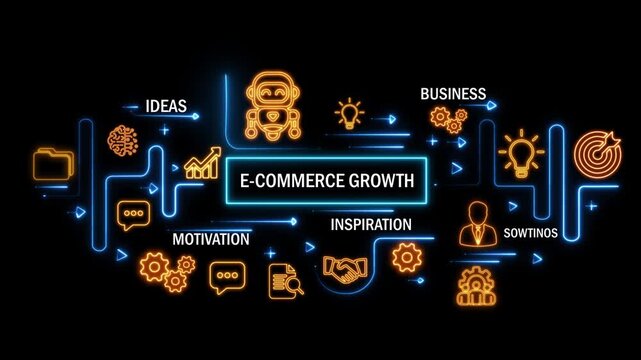 E-commerce growth concept with interconnected digital icons and glowing neon lines on dark background. animation video