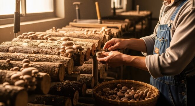 Farmer harvesting shiitake mushrooms from wooden logs on farm. Man cultivating organic fungi for food production. Agriculture and sustainable food industry, small scale vegetable farming.