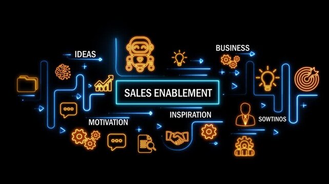 sales enablement  concept with interconnected digital icons and glowing neon lines on dark background. animation video
