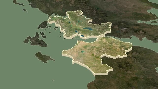 Western Greece region, extrusion on map - inset locator with territory position in Greece.