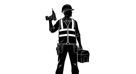 Obraz premium May Day Construction worker, laborer, engineer, technician, black and white, silhouette, vector icon Vector