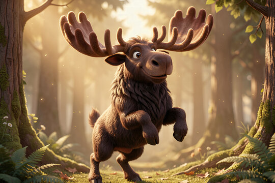 Cheerful Cartoon Moose Bounding in a Sunny Forest
