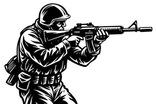 Soldier aiming rifle while standing in combat pose black white illustration
