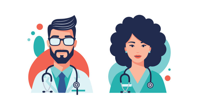 Professional avatars of a male and female doctor wearing stethoscopes and lab coats representing a diverse medical team.