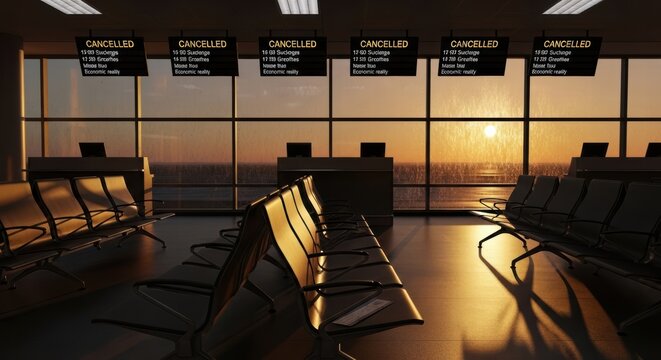 Empty airport departure lounge with cancelled flights displayed at sunset