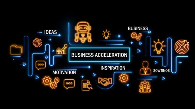 business acceleration concept with interconnected digital icons and glowing neon lines on dark background. animation video