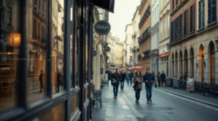 Fototapeta premium Blurred view of people walking along a narrow cobblestone street in a historic European city, urban lifestyle, travel destination, city exploration.