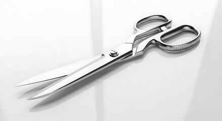 Obraz premium Metal utility scissors on white reflective surface, clean minimal background