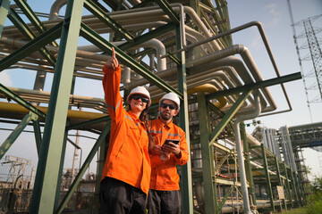 Fototapeta premium Two engineers in orange uniforms and hard hats inspect industrial plant infrastructure