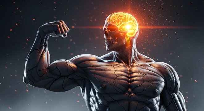 Brain activity and mental strength. Neurology and cognitive performance. Muscular figure with a glowing brain and skull overlay symbolizing intelligence and mind power