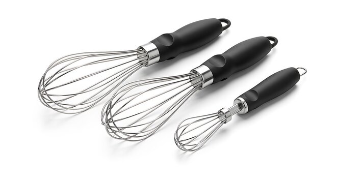 Set of metal whisks with ergonomic handles on white background