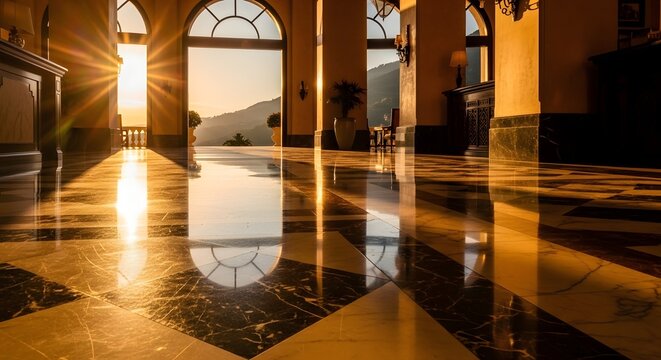 Luxury Hotel Lobby with Mountain View at Sunset