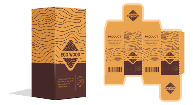 Wood Texture Packaging Template with Dieline Layout, Unfolded Box Design with Timber Grain