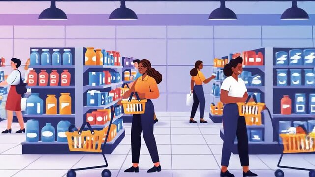 Animated supermarket scene with shoppers browsing aisles and filled shelves of groceries in colorful cartoon style