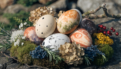 Obraz premium Painted Easter eggs arranged on natural moss with flowers and berries in outdoor soft light perfect for seasonal nature backgrounds spring greeting cards and rustic holiday design concepts