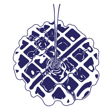 Dark blue line of a round waffle with syrup being poured from above onto the center creating a sweet breakfast food on a white background